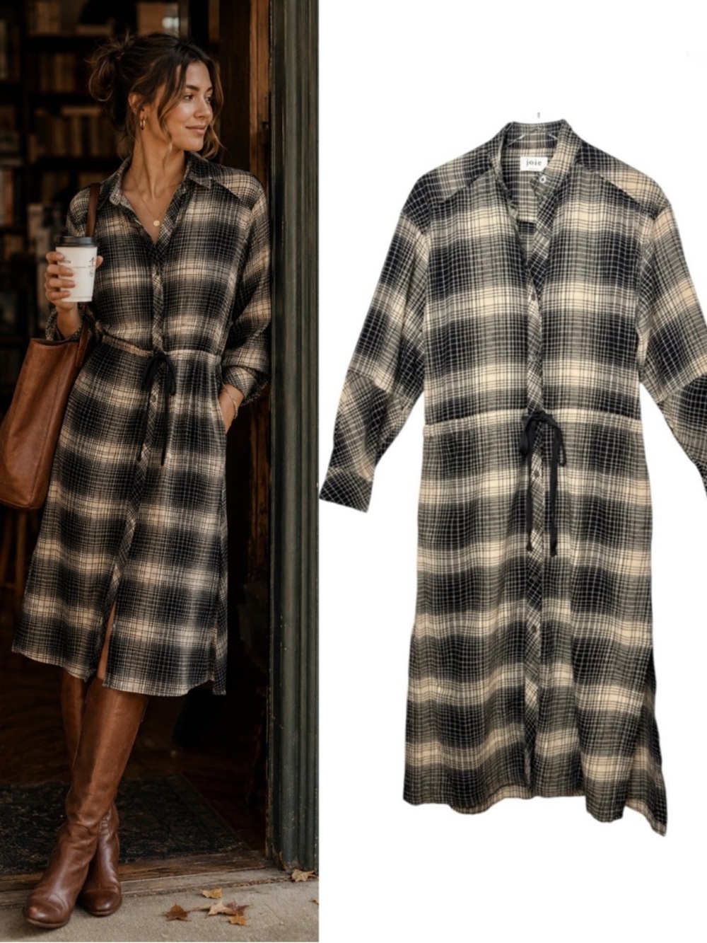 Anthropologie Joie Ardine Black Plaid Button Front Women’s Midi Dress Sz XS